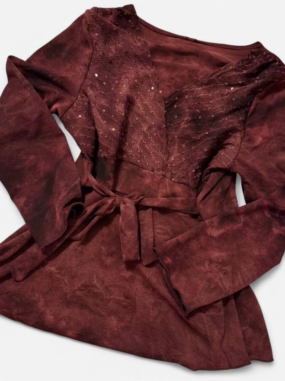 Women's Burgundy Long-Sleeve Belted Dress